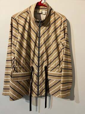 Zenergy by Chico's Tan Black White Striped Zip Front Lightweight Jacket 003-080